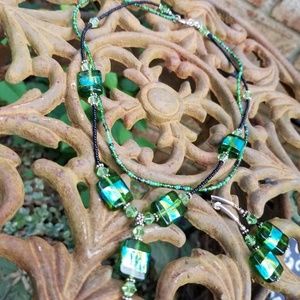 Sterling Silver Beaded Green Glass  Necklace set